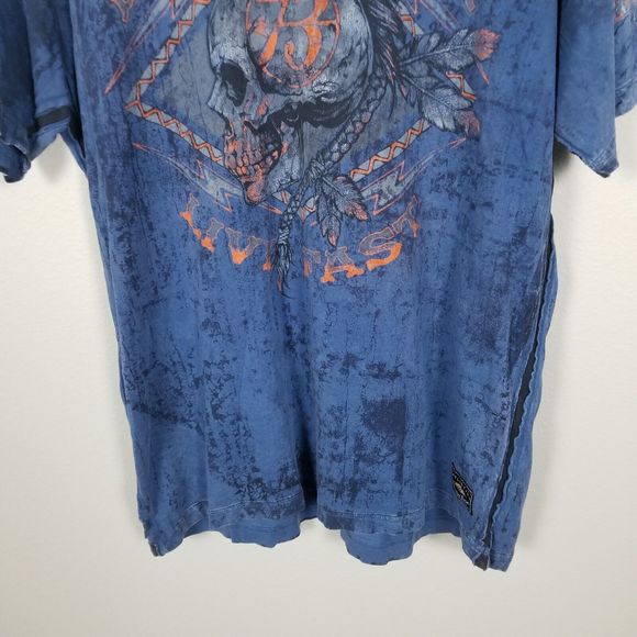 Affliction American Customs Warpath Blue Distressed Skull Graphic T-Shirt Sz XL - Picture 3 of 13